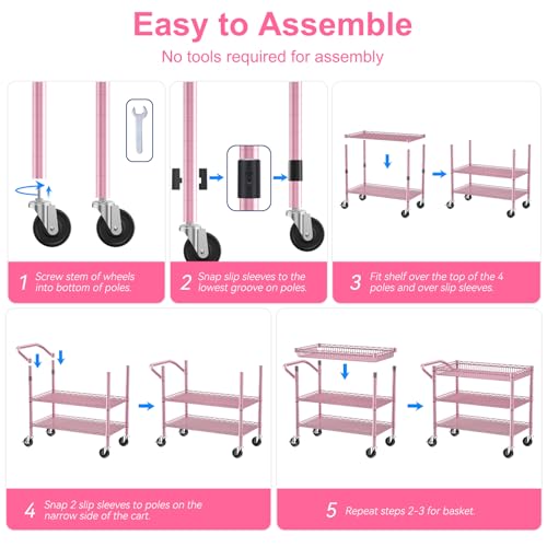 WDT Pink Rolling Utility Cart with Wheels, 990Lbs Heavy Duty Metal Cart with Handle & Shelf Liners, NSF Certified 3-Tier Storage Trolley for Esthetician, Kitchen, Salon & Craft Room, Pink - color: Pink-3 Tier