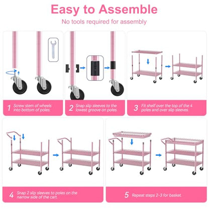 WDT Pink Rolling Utility Cart with Wheels, 990Lbs Heavy Duty Metal Cart with Handle & Shelf Liners, NSF Certified 3-Tier Storage Trolley for Esthetician, Kitchen, Salon & Craft Room, Pink - color: Pink-3 Tier