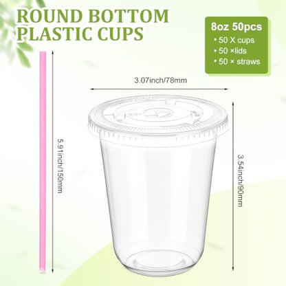 Ziliny 50 Pack 8 oz Plastic Cups with Lids Straws Iced Coffee, Pink - color: Pink, size: 8 oz