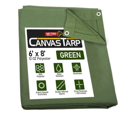 Mytee Products 6' x 8' Green Canvas Tarp 12oz Heavy Duty Water Resistant - color: Green (1 Pc), size: 6' x 8'
