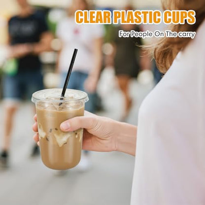 Ziliny 50 Pack 16 oz Plastic Cups with Lids Straws Iced Coffee, Black - color: Black, size: 16 oz