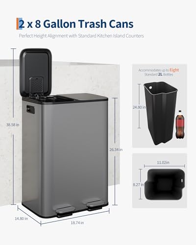 Large Stainless Steel Dual Compartment Recycling Trash Can 2 * 30 l/16 Gal Recycle Bins with Lid Waste Bin with Removable Buckets, Bathroom,Kitchen Garbage Can Rectangle Garbage Bin,Gray - color: gray, size: 2*30L