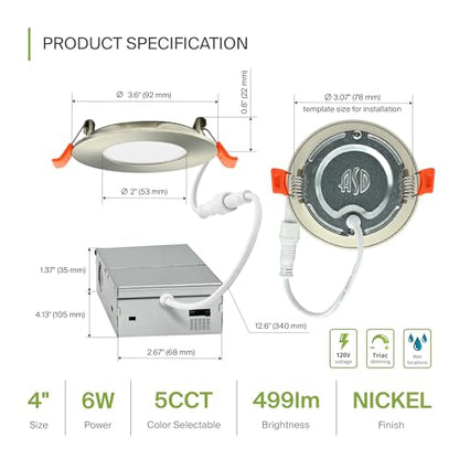 ASD 6 Pack 3 Inch LED Recessed Light 6W, 5 CCT 2700K-5000K CRI90+, IC Rated Ultra Thin Dimmable Ceiling Lights with J Box, Canless Wafer Downlight, Round Slim Panel Lighting, Energy Star ETL, Nickel - color: Nickel, size: 3 Inch 6 Pack