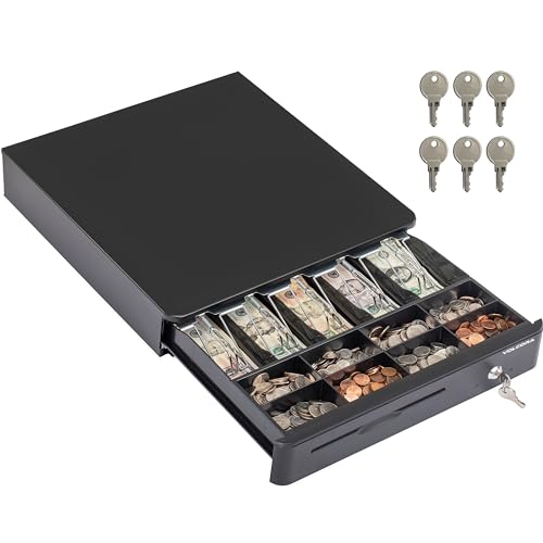 Volcora Cash Register Drawer for Point of Sale POS System with Round Corners 16", Removable Coin Tray, 5 Bill 8 Coin, 12-24V RJ11/12 Key-Lock Media Slot, Money Drawer for Business, Black Bar/Black - color: Black