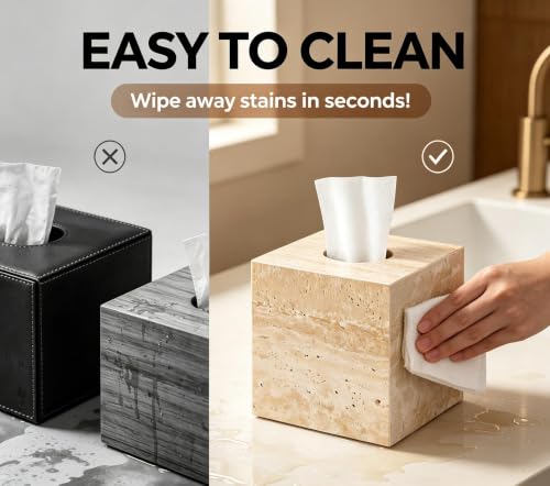 Natural Travertine Marble Tissue Box Holder Cover, Square Cube Tissue Box Holder with Open Bottom for Bathroom Vanity Tops, Bedroom Dressers, Kitchen Countertop, Travertine Beige(NS022) - color: Beige