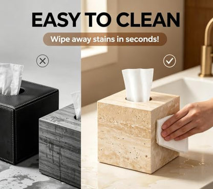 Natural Travertine Marble Tissue Box Holder Cover, Square Cube Tissue Box Holder with Open Bottom for Bathroom Vanity Tops, Bedroom Dressers, Kitchen Countertop, Travertine Beige(NS022) - color: Beige