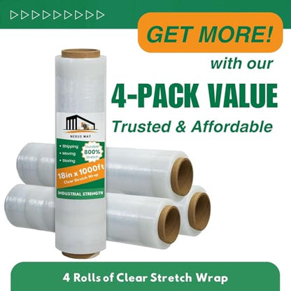 NEXUSWAY 240 PSC 60 Boxes 18'' Shrink Wrap for Moving - Stretch Film Pallet Wrap Roll Heavy Duty 1000 feet 80 Gauge Industrial Strength up to 800% Stretch 20 Microns for Shipping Moving Furniture - style: Pack of 240