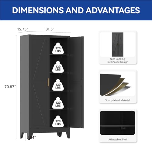 COFaR Metal Pantry Cabinet with Doors, Farmhouse 71'' Tall Storage Cabinet with 4 Adjustable Shelves, Kitchen Pantry Cabinet for Dinning Room, Garage, Laundry, Bathroom, Black 5-Tier - color: Black, size: 15.75''D × 31.5''W × 70.87''H-L01