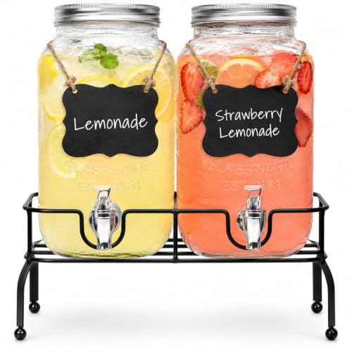 Estilo Set of 2 Glass Drink Dispensers,1 Gallon Beverage Dispenser With Lid - size: 1 Gallon, style: Double w/ Stand & Labels