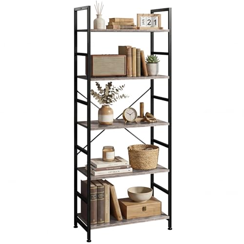 5 Tier Bookshelf, Free Standing Bookcase with Open Storage Shelves - color: Grey Wood, size: 5 Tier