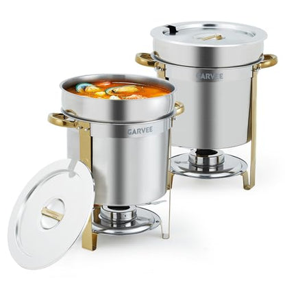 Garvee 2 Pack Round Soup Chafer, 11QT Stainless Steel Soup Warmer with Pot, Notched Lids & Fuel Holders, Commercial Food Warmer for Buffets Parties Wedding Banquets Catering, Gold - color: Gold, size: 11 QT-2 Pcs