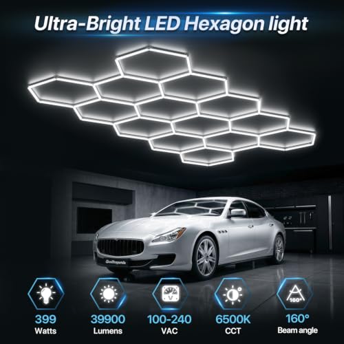 HYPERLITE Gen II Hexagon Garage Lights: 399W 39900LM 14 Grids Hexagon Led Light, 6500K Ultra Bright Honeycomb Hex Lights, Easy Install, Durable Design for Garage, Car Detailing, Workshops, Shops, Gym - size: 14 HEX