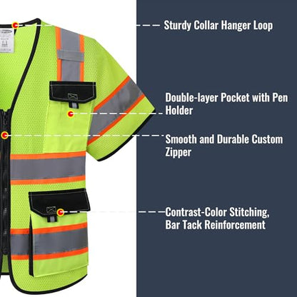 JKSafety Safety Vest for Men Women Hi Vis with Pockets and Cushioned Collar Construction Vest Meet ANSI Standard (BX360) - color: Class 3 Yellow, size: Large
