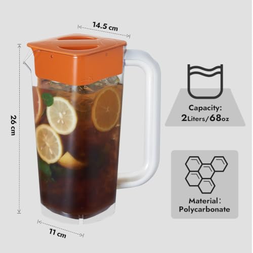 CURTA 1 Pack 2 Liters/68 oz Plastic Pitcher with Lid & Handle for Kitchen,ICED JUICE and Coffee Carafe Beverage Serveware, Acrylic Water Jug for Hot/Cold Drinks&lemonade - color: Orange