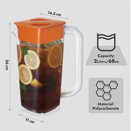 CURTA 1 Pack 2 Liters/68 oz Plastic Pitcher with Lid & Handle for Kitchen,ICED JUICE and Coffee Carafe Beverage Serveware, Acrylic Water Jug for Hot/Cold Drinks&lemonade - color: Orange