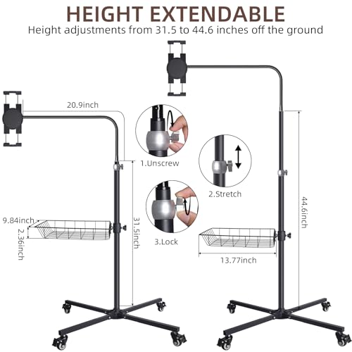 Rolling Tablet Floor Stand with Wheels - Bed Mount for 4.7-13" iPad