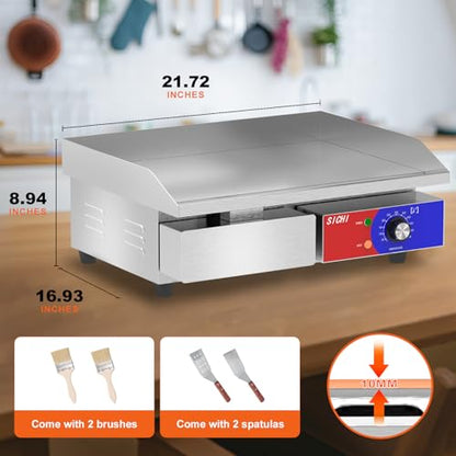 22’’ * 14’’ Commercial Electric Countertop Griddle -110V Flat Top Griddles w/ 122-572°F Adjustable Temperature and Non-Stick, 3000W Stainless Steel Electric Griddle w/ 10mm Thick carbon steel - size: 22 INCH