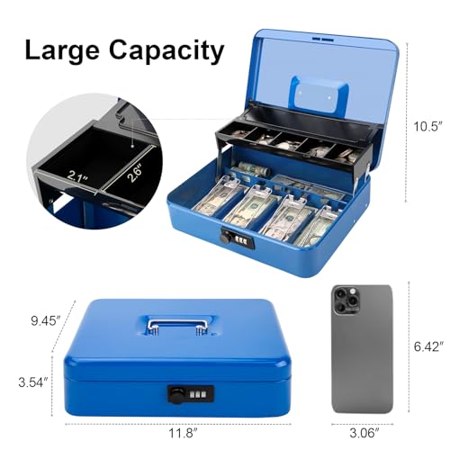 Jssmst Metal Cash Box with Money Tray and Lock, Portable Cash Drawer, 11.8" - color: Blue Code-A