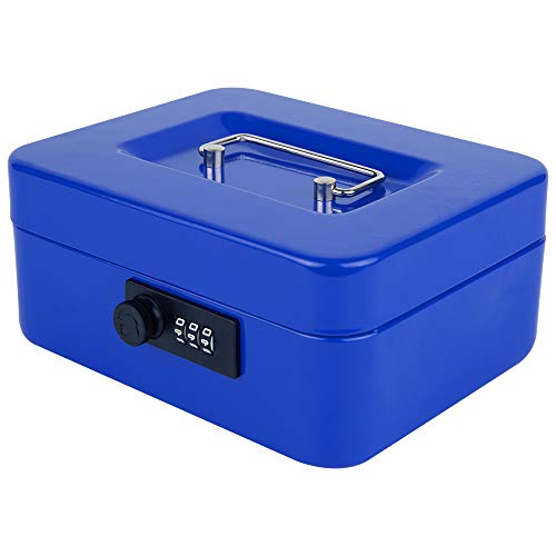 KYODOLED Cash Box with Combination Lock,Safe Metal Box for Money,Storage Lock Box with Money Tray,7.87"x 6.30"x 3.54" Blue Medium - color: Blue (Pack of 1), size: Medium