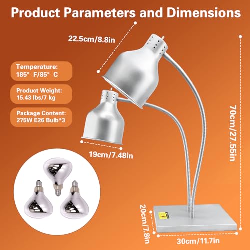 Commercial Head Food Heat Lamp, FUXULLACO Portable Electric Food Warmer 3-Bulb 250W Electric Warming Lights for Food Service Restaurant Buffet Kitchen (Silver) - color: Silver