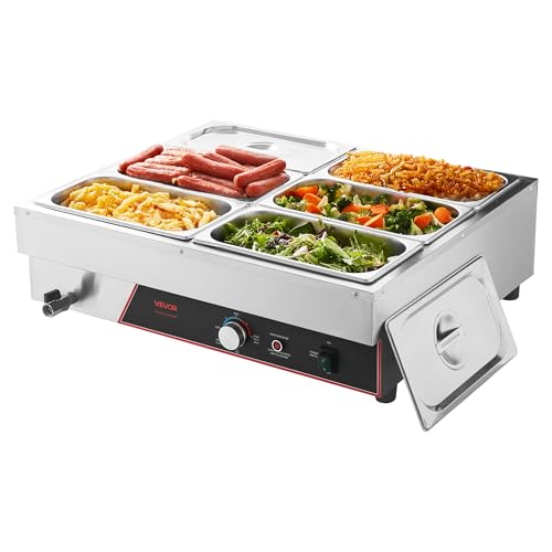 VEVOR Commercial Food Warmer, 1500W Electric Stainless Steel Steam Food Warming with Lid, 6-Pan Fast Heating Countertop Buffet Bain Marie with Power Cord, for Catering, Restaurant, Party & Buffets - size: 6*1/3Pan