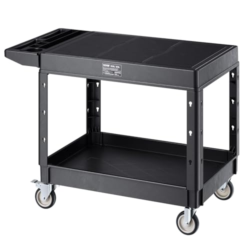 VEVOR Utility Cart, 550 lbs Load Capacity, 37 x 25.4-inch Service Cart, Two-Shelf Heavy Duty Plastic Utility Cart with 360° Swivel Wheels (2 with Brakes), Suitable for Warehouse, Garage, Cleaning - style: 550 LBS-Large
