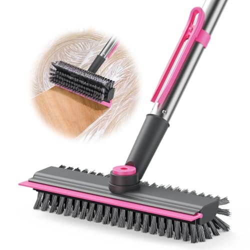 AIR U+ Floor Scrub Brush with Long Handle, 4 in 1 Floor Scrubber & Squeegee - color: Gray and Pink