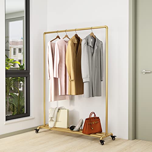 Industrial Gold Clothing Racks on Wheels, Boutique Display Gold Clothes Rack with Shelf, Rolling Garment Rack for Retail Use - style: pipe-3rod