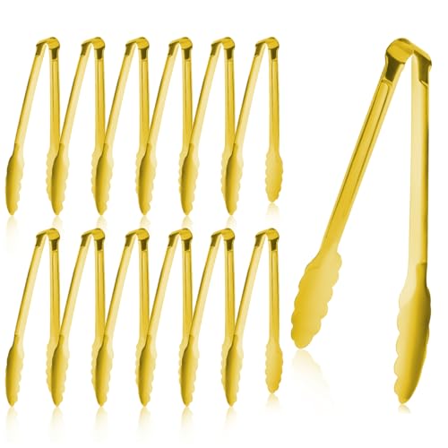 Gold Tongs for Serving Food, XEVOM 12 Pack, 9-Inch Stainless Steel - color: Gold, size: 9inch
