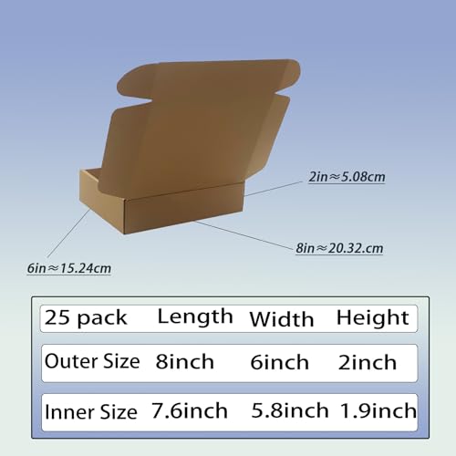 8x6x2 inch Shipping Boxes Pack of 25, Brown Corrugated Cardboard Mailer Box - size: 8x6x2 -25 Pack