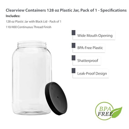 1 Pack - 128 oz (1 Gallon) Plastic Storage Jars with 110-400 Leak Proof Black Lids, Food Grade, BPA Free, Hand Wash Only (128oz, BLK, 1PK) - size: 1pk - 128oz, Black Lid