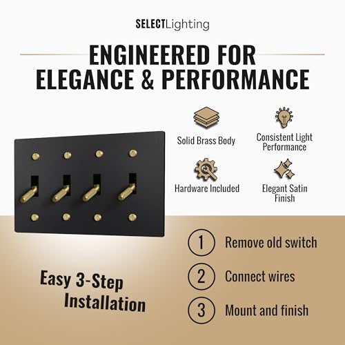 SELECT 4-Gang Solid Brass Toggle Switch, 3-Way Compatible with Faceplate - color: Black with Brass, size: 4 Gang, style: Toggle Switch