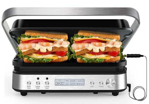 CATTLEMAN 5 in 1 Panini Press Grill with Removable Plates, 1600W - color: Silver with Reversible Plates