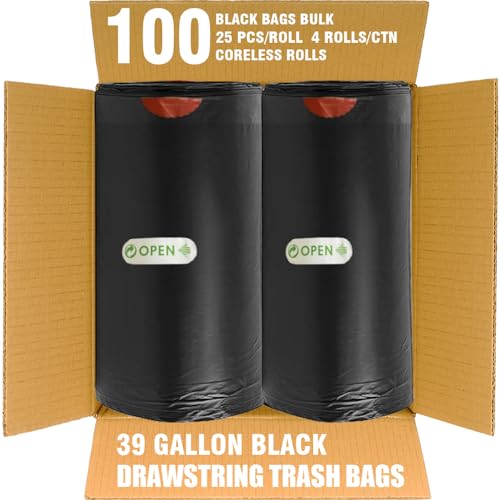 BEIDOU-PAC 39 Gallon Lawn & Leaf Trash Bags Drawstring, 100 Count, Heavy Duty Black & Unscented Plastic Bags, Multi-purpose Garbage Bags for Home Commercial, Outdoor, Construction, Industrial - style: 39 Gallon |100 Count