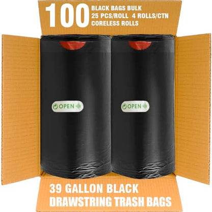 BEIDOU-PAC 39 Gallon Lawn & Leaf Trash Bags Drawstring, 100 Count, Heavy Duty Black & Unscented Plastic Bags, Multi-purpose Garbage Bags for Home Commercial, Outdoor, Construction, Industrial - style: 39 Gallon |100 Count