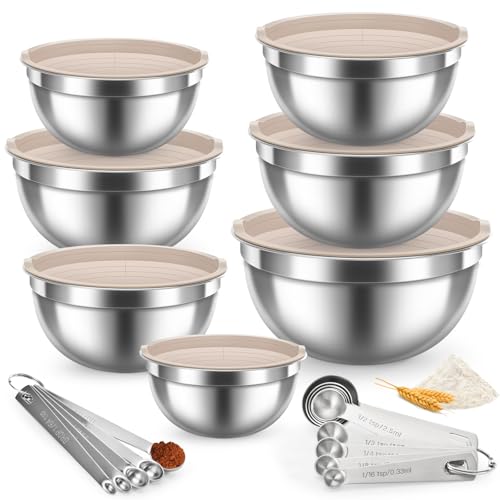 Stainless Steel Mixing Bowls with Lids, 7-Piece Nesting Bowl Set, 0.6–5.5 QT, Includes 14 Measuring Spoons for Baking, Cooking and Meal Prep, Khaki - size: 7+14 - Bowls & Spoons