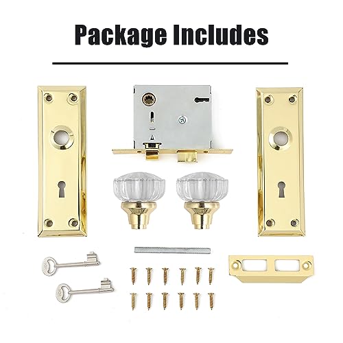 Mortise Lock Set for Interior Door, Crystal Glass Door Knobs with Lock and Skeleton Key, Old Door Knob Replacement, Vintage Antique Door Handle,Polished Brass Finish - color: Polished Brass, size: Mortise(1 Pack)