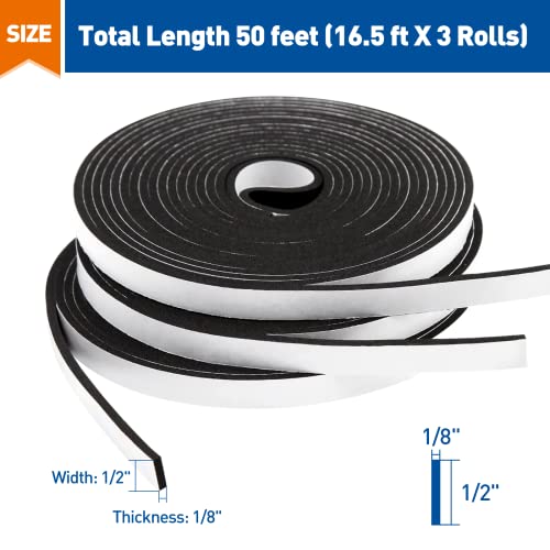 MAGZO Weather Stripping Door Seal, 1/2 Inch Wide X 1/8 Inch Thick Adhesive Foam Tape Soundproof Weatherstripping for Windows, 3 Rolls Total 50FT Black (Pack of 2) - size: 1/2in * 1/8in * 50FT (Pack of 2)