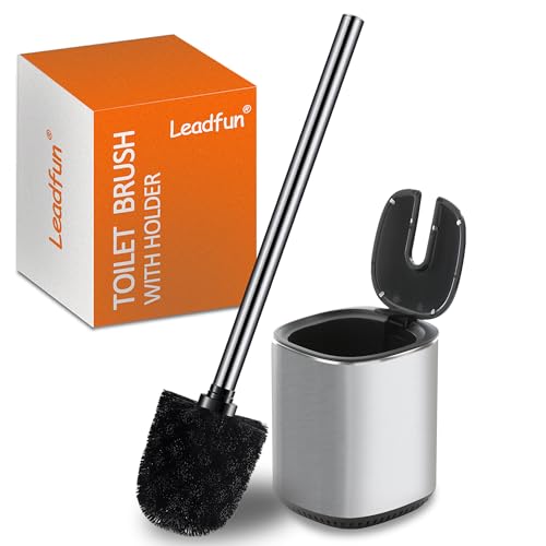 Toilet Bowl Brush and Holder, Toilet Brush with Stainless Steel Handle and Durable Bristles for Bathroom Cleaning, Automatic Closing Holder Set (Silver) - color: Silver