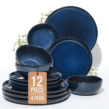 Pokini Stoneware Dinnerware Sets for 4, 12Pcs Ceramic Plates and Bowls Sets - color: Starry Blue, size: Set (12pcs)