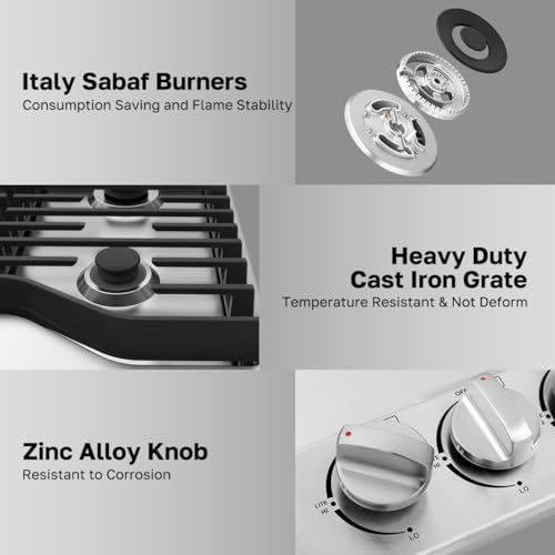 ThermoMate Heavy 30 Inch Gas Cooktop with 5 Italy Sabaf Power Burners, Built In Stove Top of 304 Stainless Steel, Gas Hob NG/LPG Convertible, Thermocouple Protection CSA Certified - size: 30 inch 5 burners