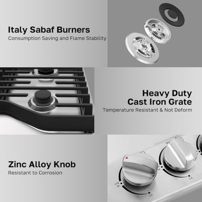 ThermoMate Heavy 30 Inch Gas Cooktop with 5 Italy Sabaf Power Burners, Built In Stove Top of 304 Stainless Steel, Gas Hob NG/LPG Convertible, Thermocouple Protection CSA Certified - size: 30 inch 5 burners