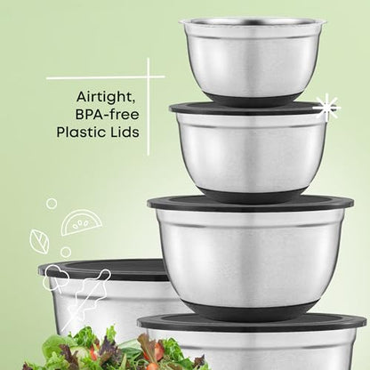 JoyJolt Stainless Steel Mixing Bowls with Airtight Lids, 7 Piece Nesting Bowls Set for Kitchen with Measurement Marks, Non-Slip Bottoms, Cooking, Baking, Prepping, Storage, 7/5/4/3/1.5/1/.75QT, Black
