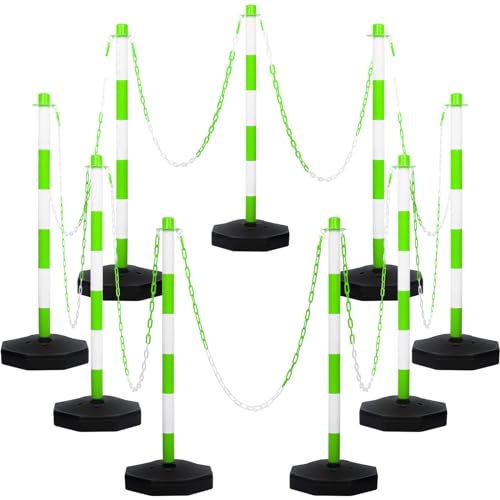 Amylove 9 Packs Traffic Delineator Post Cone with Base, Traffic Cones Safety Cones Caution Cones Plastic Stanchion Chain Safety Barriers with 6.6 Feet Link Chain and S Hooks for Parking Lot (Green) - size: Green