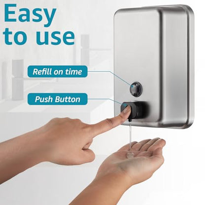 Commercial Wall Mount Soap Dispenser - Stainless Steel Bathroom Hand Soap 38.8oz Liquid - Anti-Leak Pump and Large Capacity Brushed Refillable - size: Vertical 38.8oz
