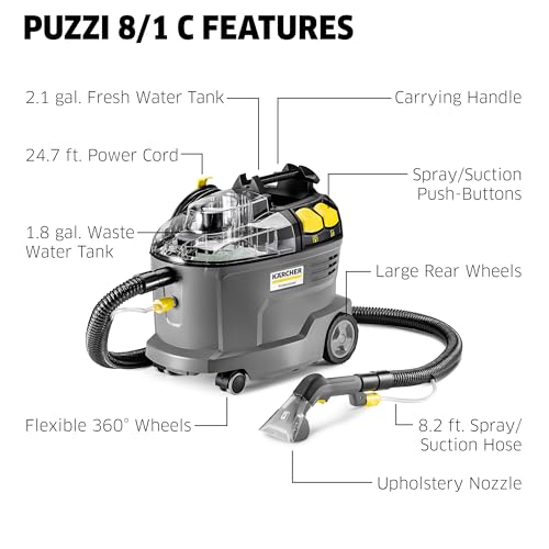 Kärcher Puzzi 8/1 C Commercial Carpet Extractor 12.5 PSI - Spot Cleaner, Stain Remover, Area Rugs, Car and Auto Detailing, Carpet and Upholstery Cleaner - Onboard Accessory Storage - 3.9 Gallon Tank - style: Puzzi 8/1 (Commercial)