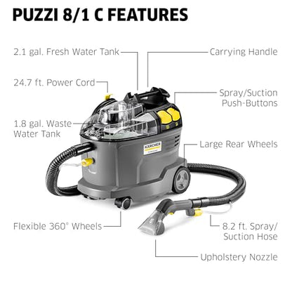 Kärcher Puzzi 8/1 C Commercial Carpet Extractor 12.5 PSI - Spot Cleaner, Stain Remover, Area Rugs, Car and Auto Detailing, Carpet and Upholstery Cleaner - Onboard Accessory Storage - 3.9 Gallon Tank - style: Puzzi 8/1 (Commercial)