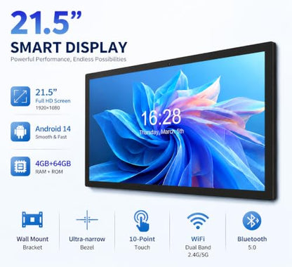21.5 Inch Android Digital Signage Display, RK3576 Octa-Core, Android 14 Touch Screen Tablet, 4GB RAM 64GB ROM, FHD IPS 10-Point Touchscreen, WiFi 6, Bluetooth 5.4, VESA Wall Mount, POE (White)