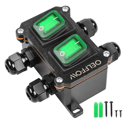 Waterproof On Off Toggle Switch Double Switch with Green Light Rocker Button Inline Cord Switch DPST AC/DC 20A-125V,16A-250V,30A-24V,35A-12V, IP66 4 Exit - color: Green/2 Switch/4 Outlet