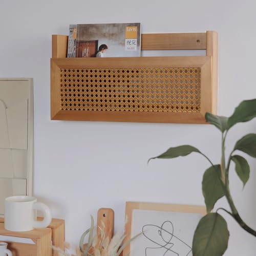 Wall Magazine Rack with PE Rattan Grid,Size 17.3" x 4" x 9.4",File Holder For Entryway,Living Room,Waiting Room,Kids’ room,Office(Retro Brown)